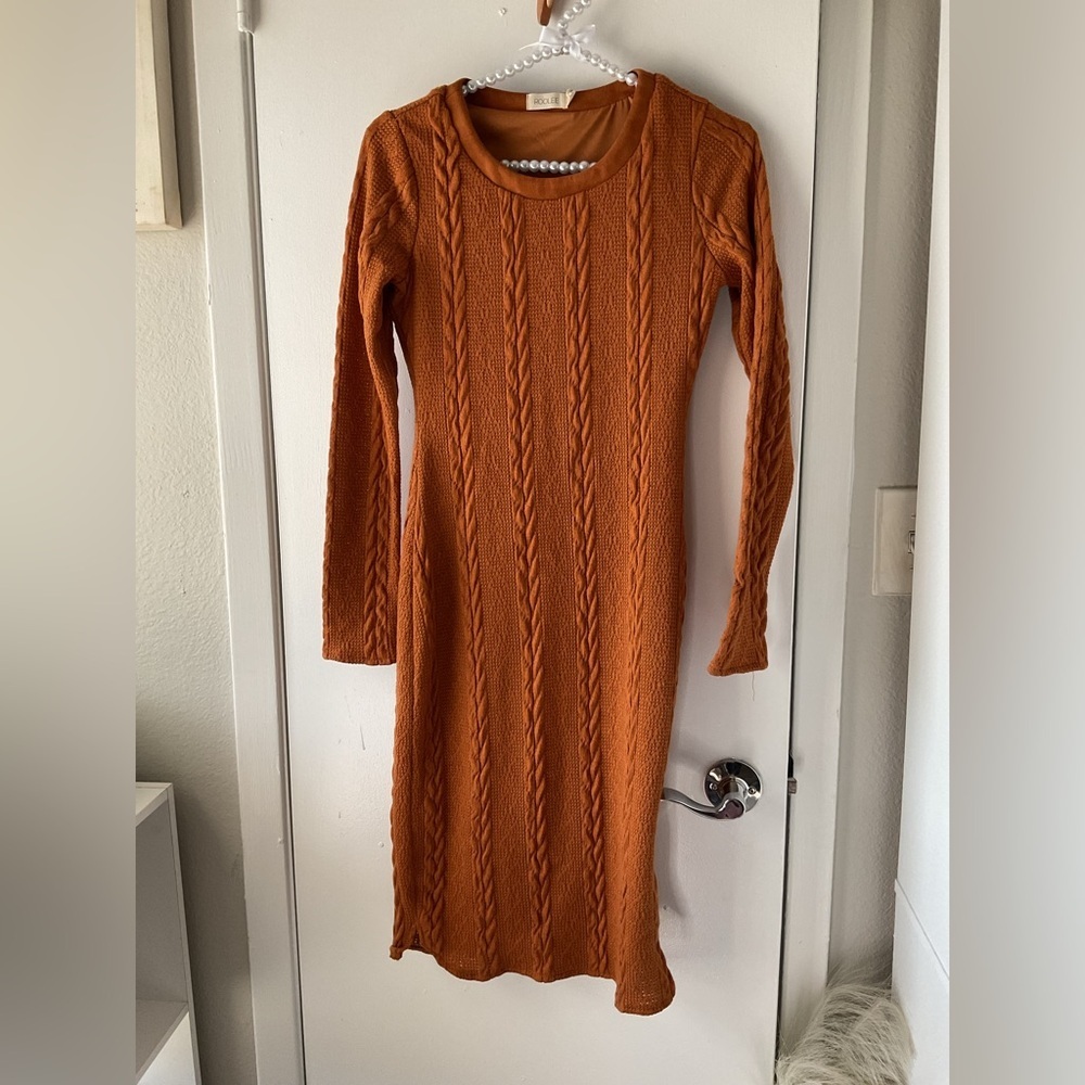 Roolee Long Sleeve Cable Knit Dress - Orange — image 2 of 8